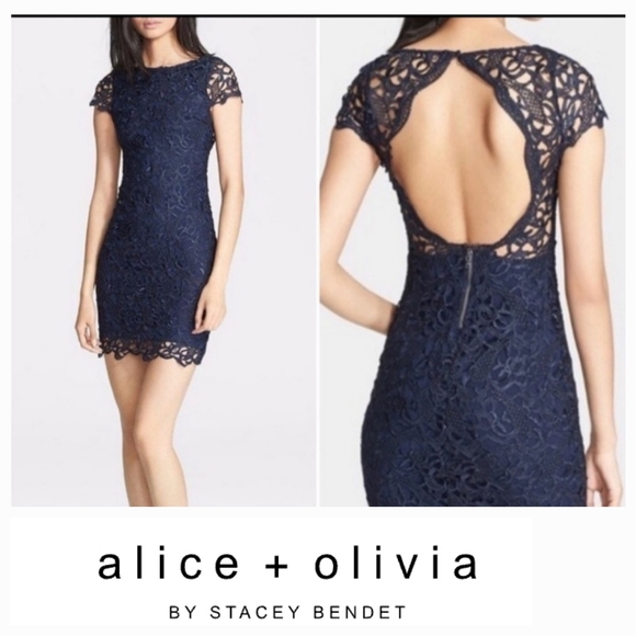 Alice + Olivia Dresses & Skirts - Alice + Olivia Navy Lace silk Sheath Cocktail Dress